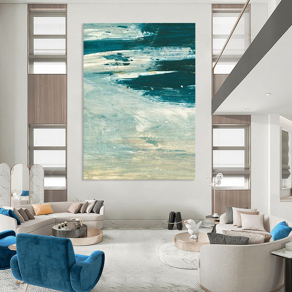 Textured Blue - Green Abstract Painting for Coastal - Inspired Home Offices HENG176