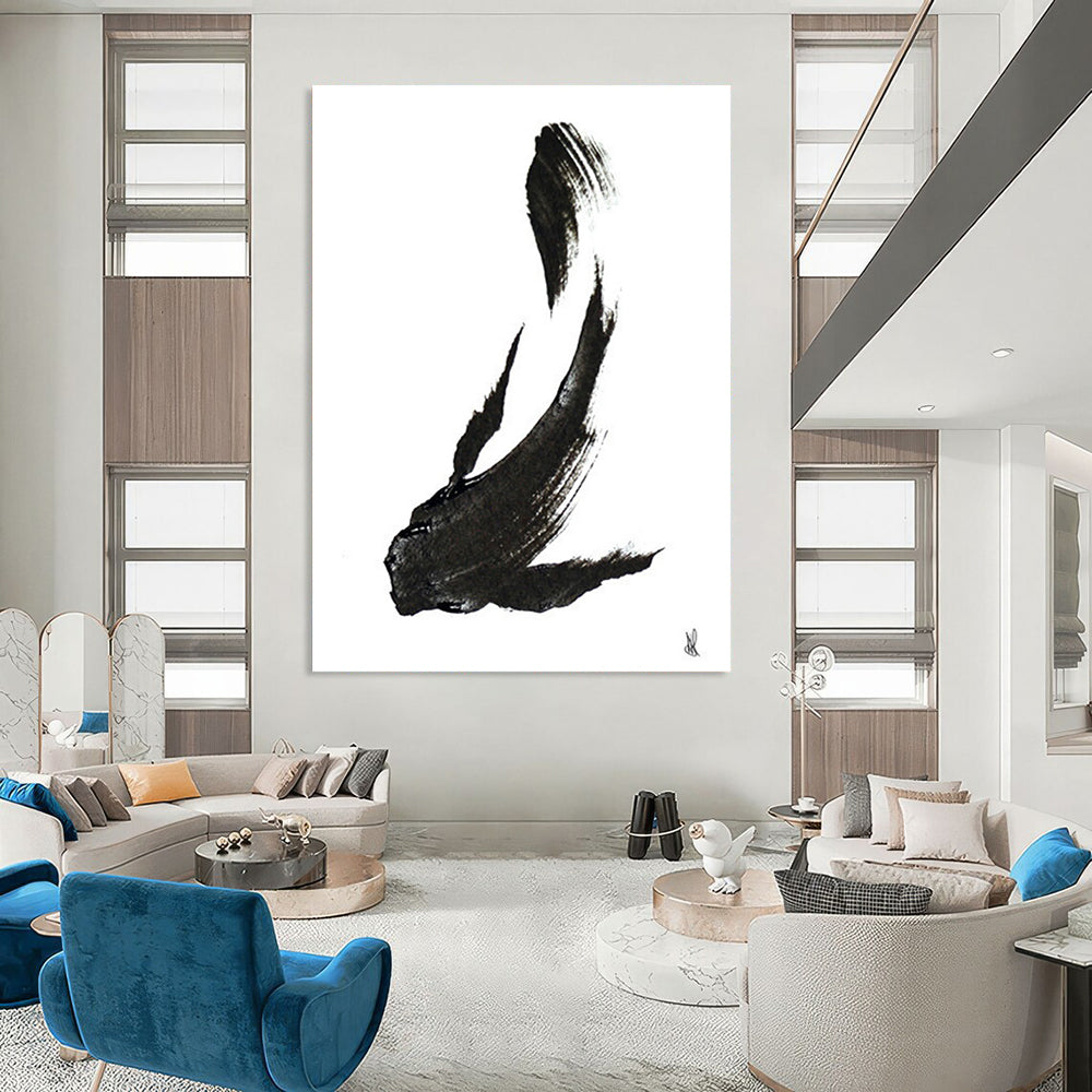 Minimalist Black Ink Fish Painting for Zen - Inspired Home Offices HENG181