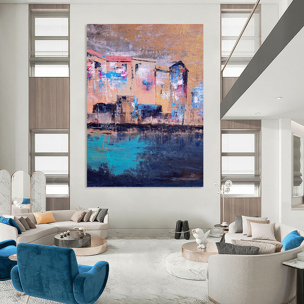 Riverside Buildings Abstract Painting for Bohemian - Style Cafes HENG460