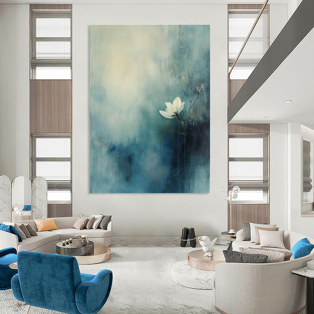 Solitary White Flower Abstract Painting for Serene Bedrooms GAB1101