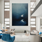White Bird Over Water Abstract Painting for Coastal Home Bedrooms HENG478
