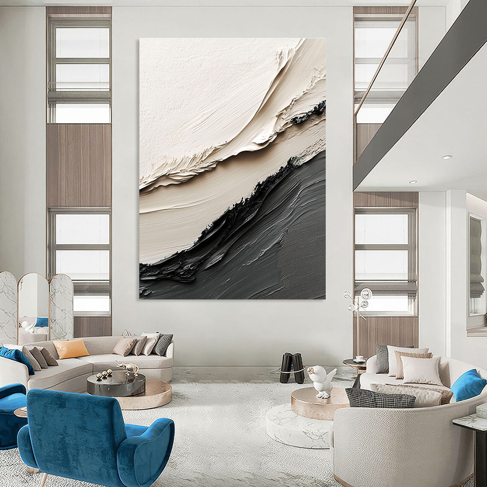 Beige and Black Textured Ridges Industrial Abstract Painting for Loft Spaces GAB1517