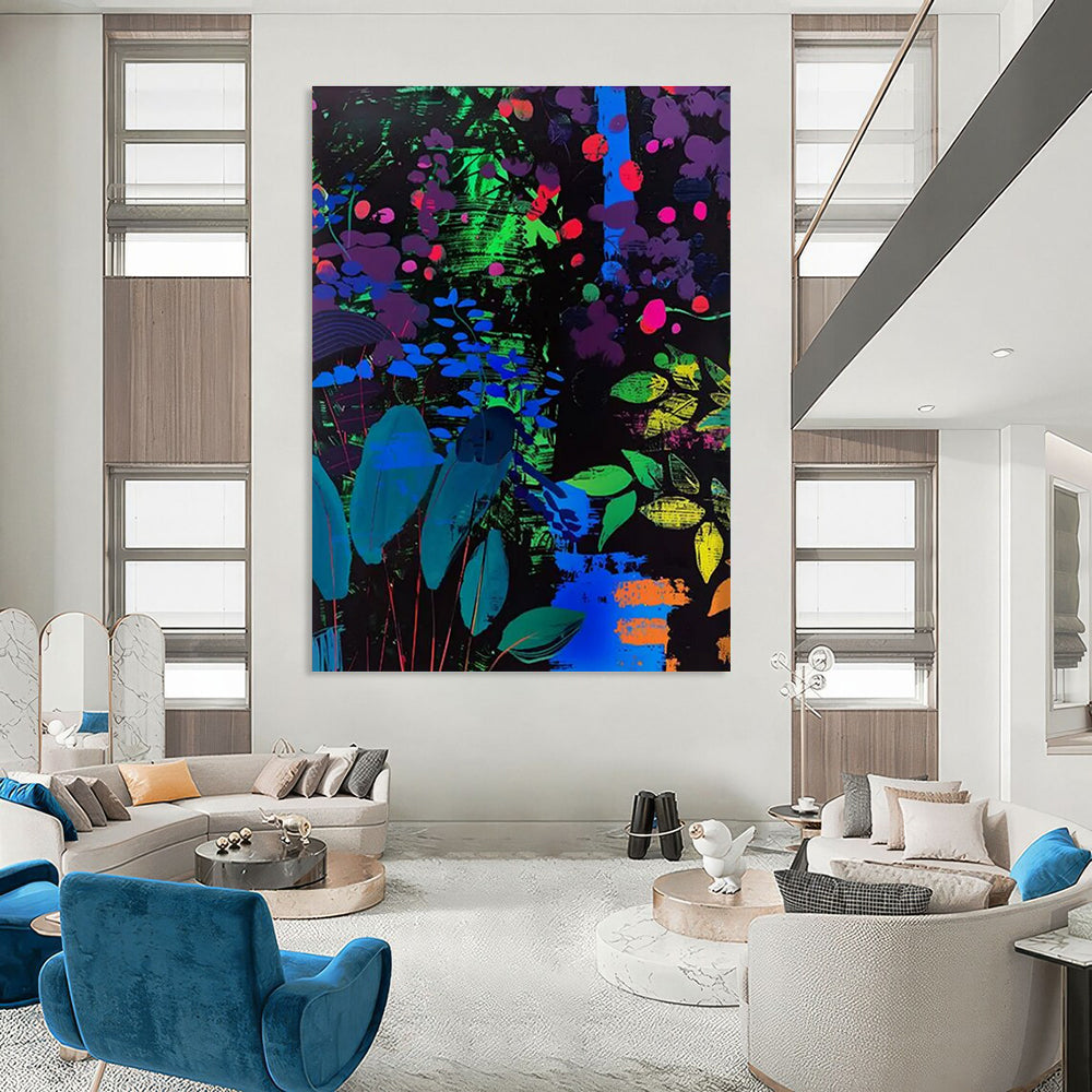 Neon Floral Night Abstract Painting for Trendy Nightclubs HENG095