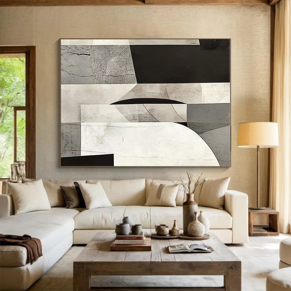 Gray and Black Geometric Collage Abstract Painting with Textured Complexity WINK014