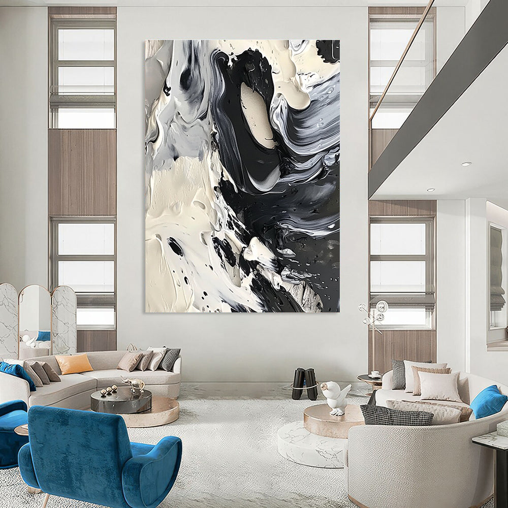 Black and White Swirl Abstract Painting for Minimalist Home Studies GAB1314