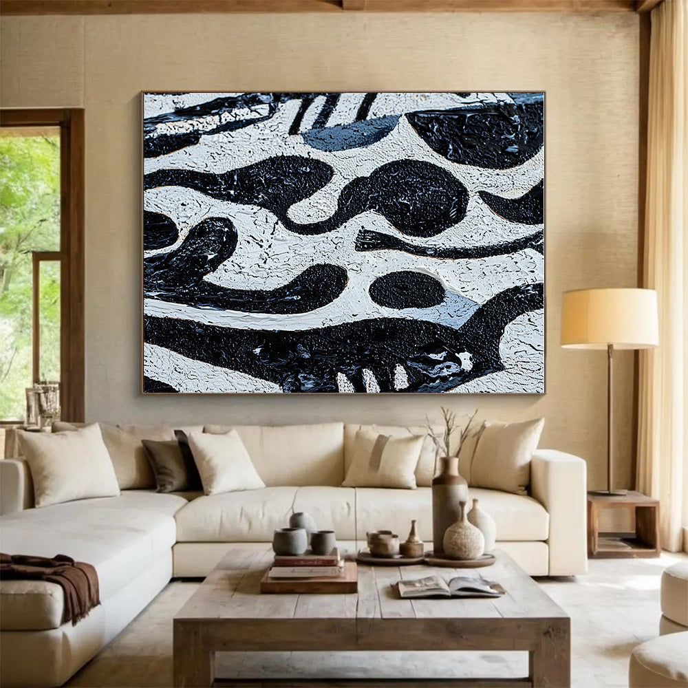 Black and White Textured Shapes Abstract Painting with Bold Contrast WINK050