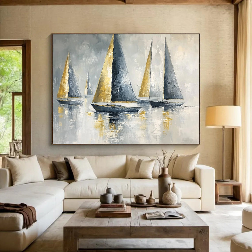 Sailboats with Gold Sails Abstract Painting with Luxe Maritime Vibe ABS607
