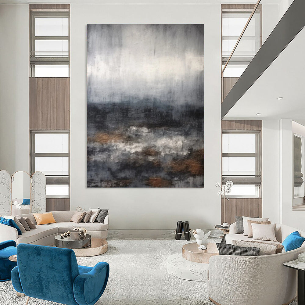 Gray Toned Abstract Landscape with Hints of Brown Painting for Serene Home Offices HENG368