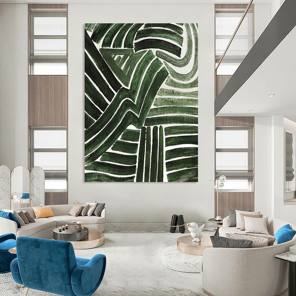 Green Curved Lines Abstract Painting for Nature - Inspired Cafes HENG492