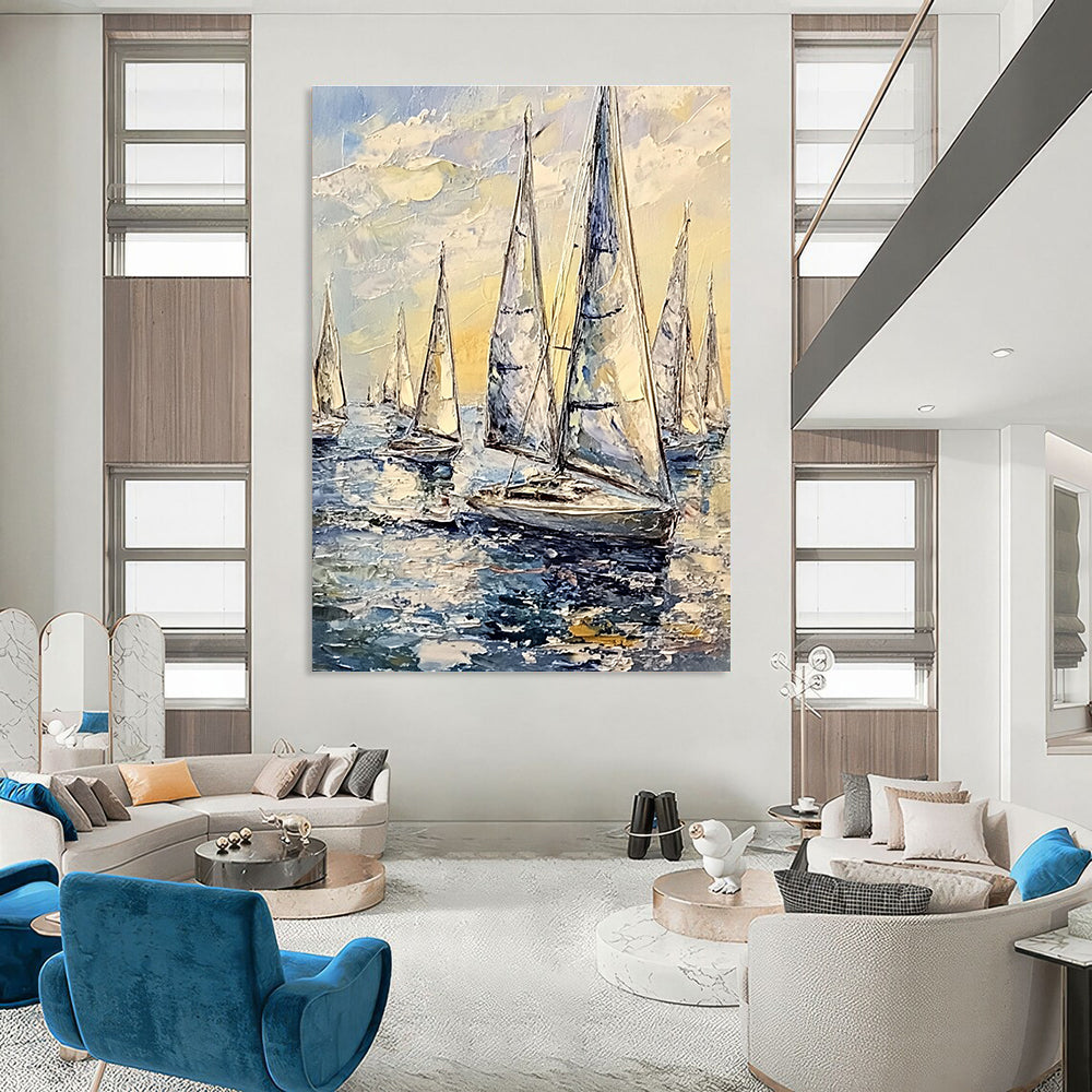 Fleet of Sailboats on Sea Vivid Abstract Painting for Energetic Spaces GAB1464