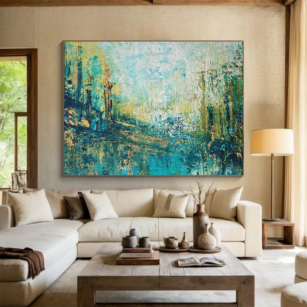 Turquoise and Gold Abstract Forest Painting for Nature - Themed Bookstores YHT357