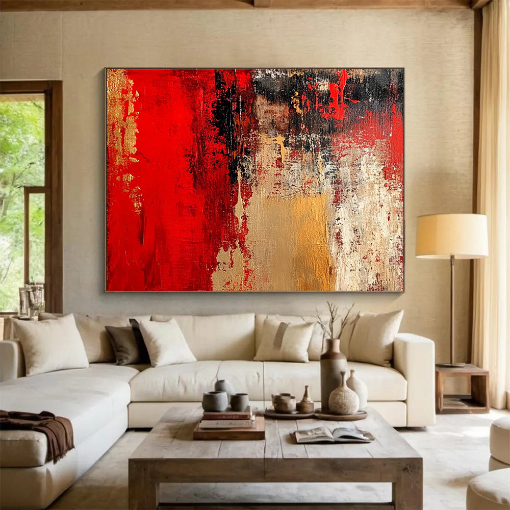 Red and Gold Abstract Painting with Rich Textural Layers ABS431