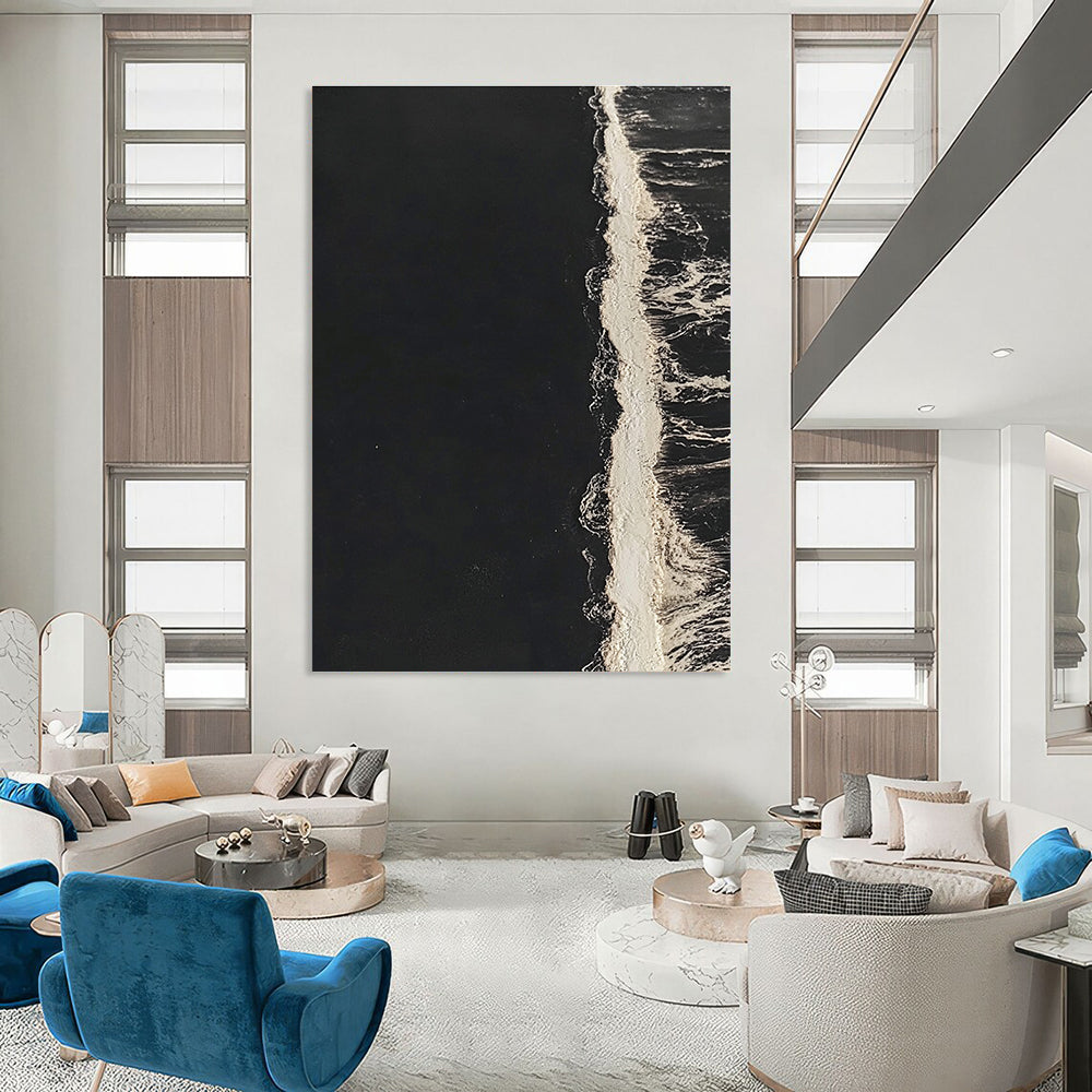 Black and White Wave Contrast Abstract Painting of Minimalist Motion GAB0181