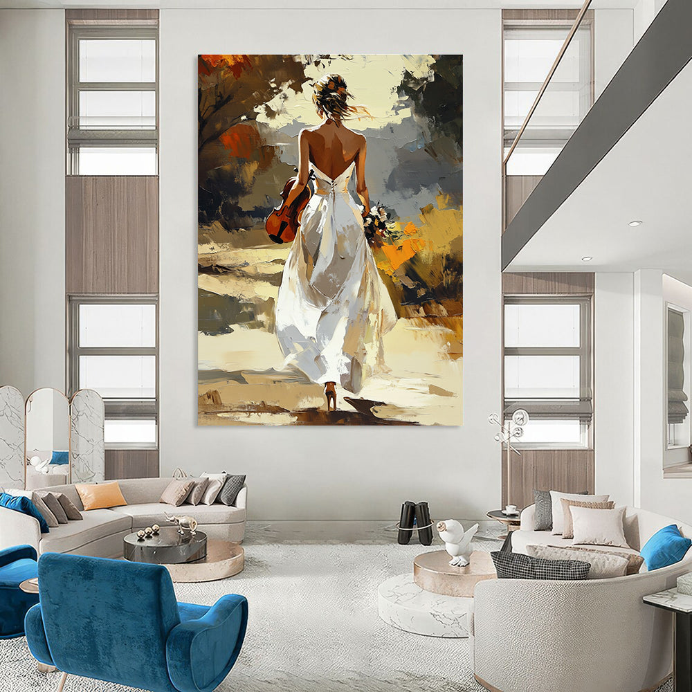 Woman with Violin in White Dress Romantic Abstract Painting for Artistic Spaces GAB1430