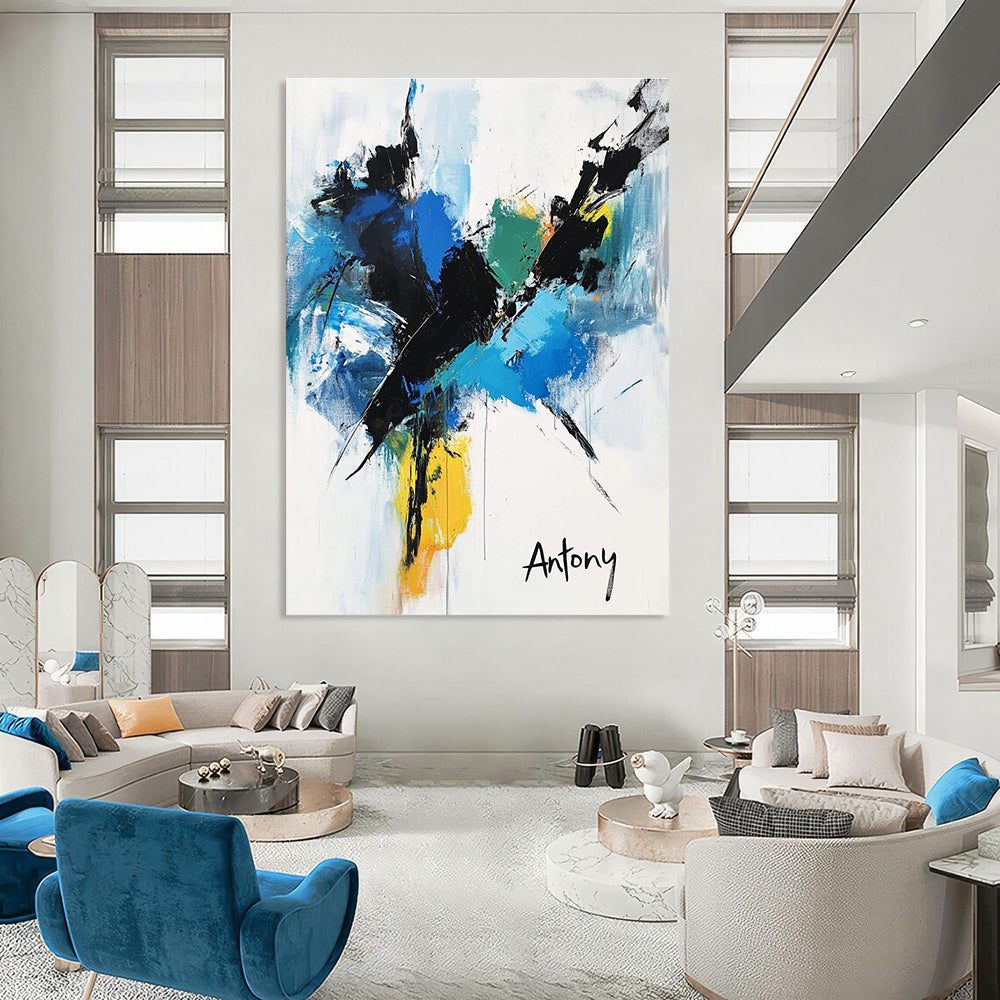 Blue and Black Abstract Flower - Dynamic Botanical Abstract Art GAB0473