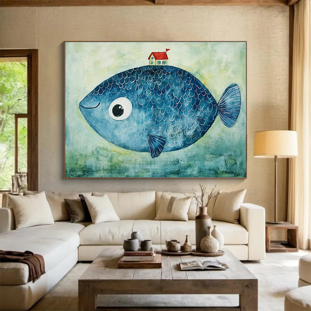 Blue Fish with a House  Whimsical Fantasy ABS069
