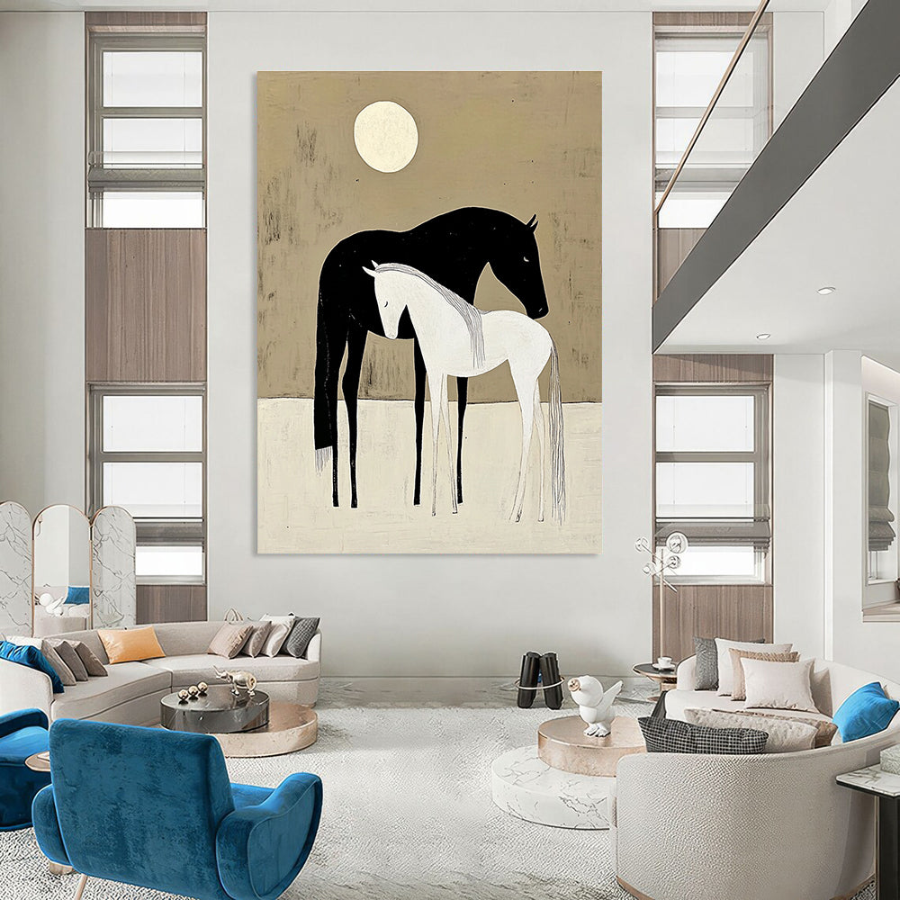Serene Black and White Horses Under Moon Abstract Painting GAB0034