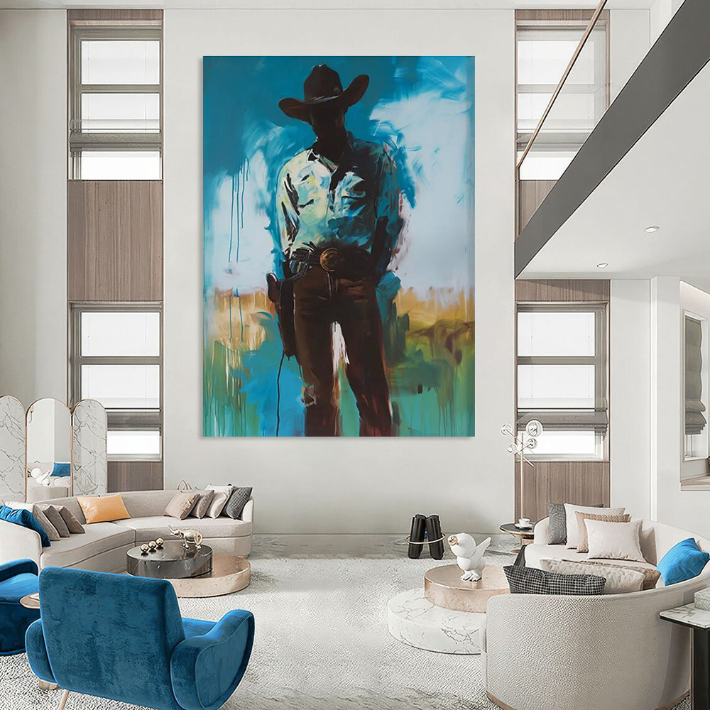 Silhouetted Cowboy Abstract Painting for Western - Themed Bars HENG102