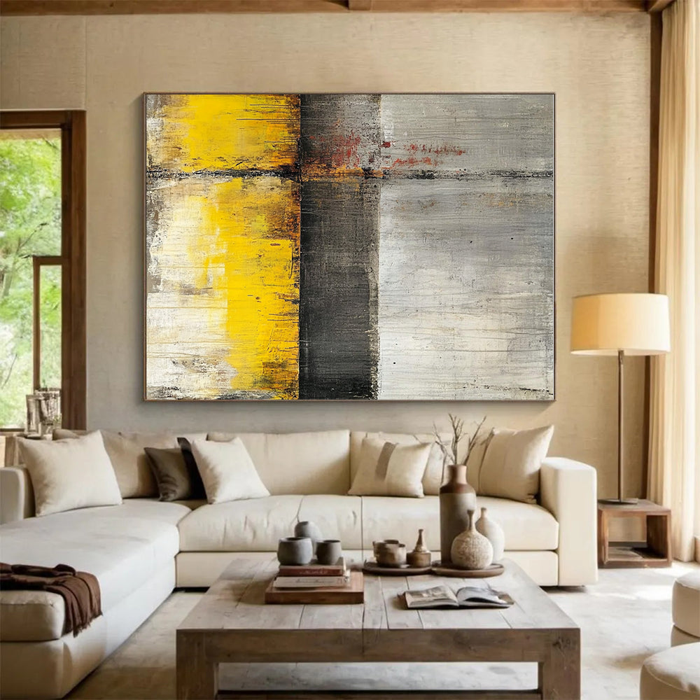 Gray - Yellow Abstract Cross Painting with Industrial Charm WINK422