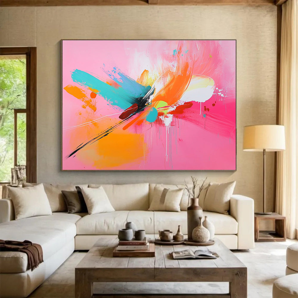 Pink - based Color Burst with Dynamic Brushstrokes Abstract Painting ABS381