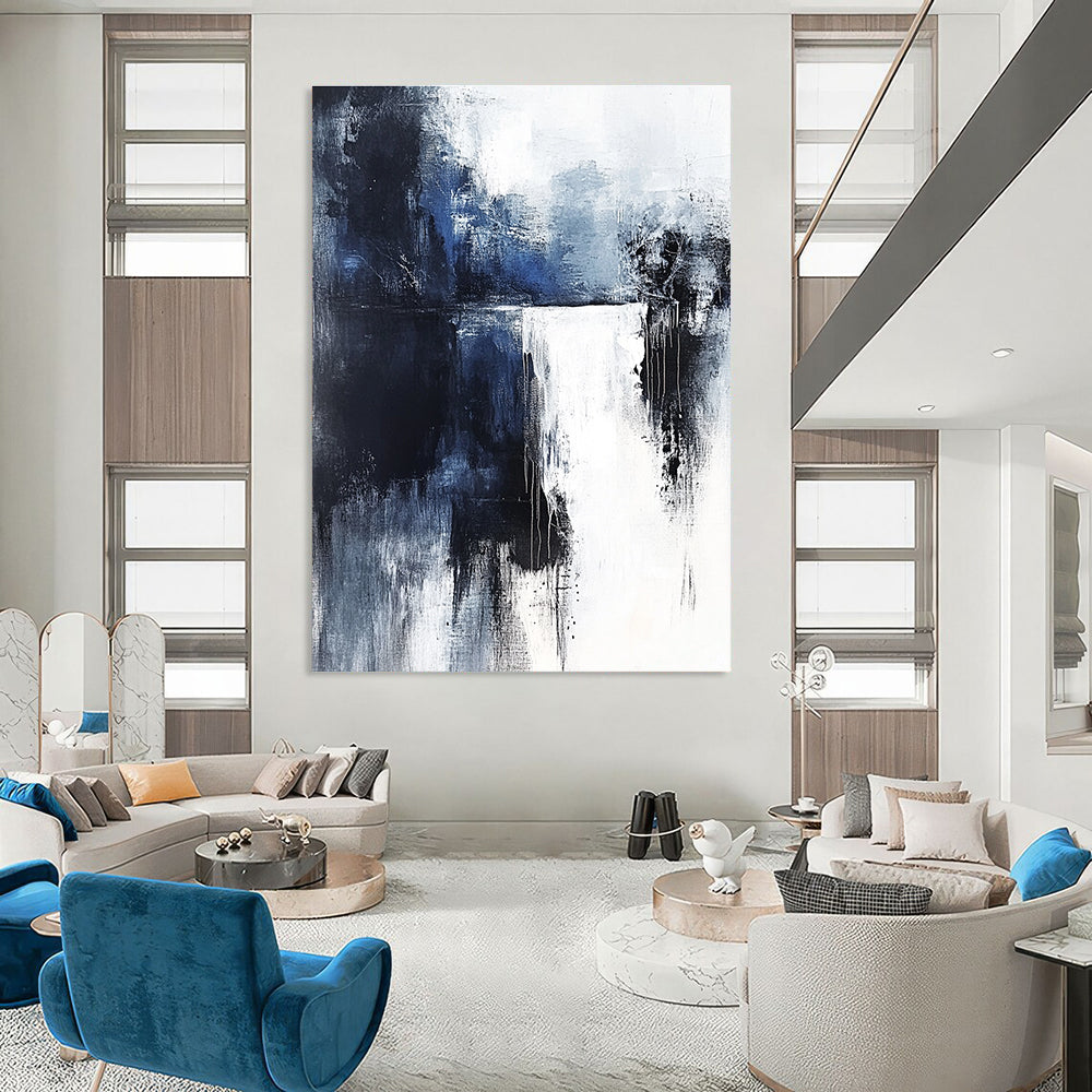 Dramatic Blue and Black Drip Abstract Painting for Bold Decor GAB0684