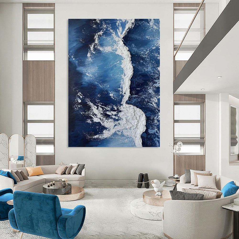 Textured Blue and White Ocean Abstract Painting for Coastal - Themed Cafes HENG335