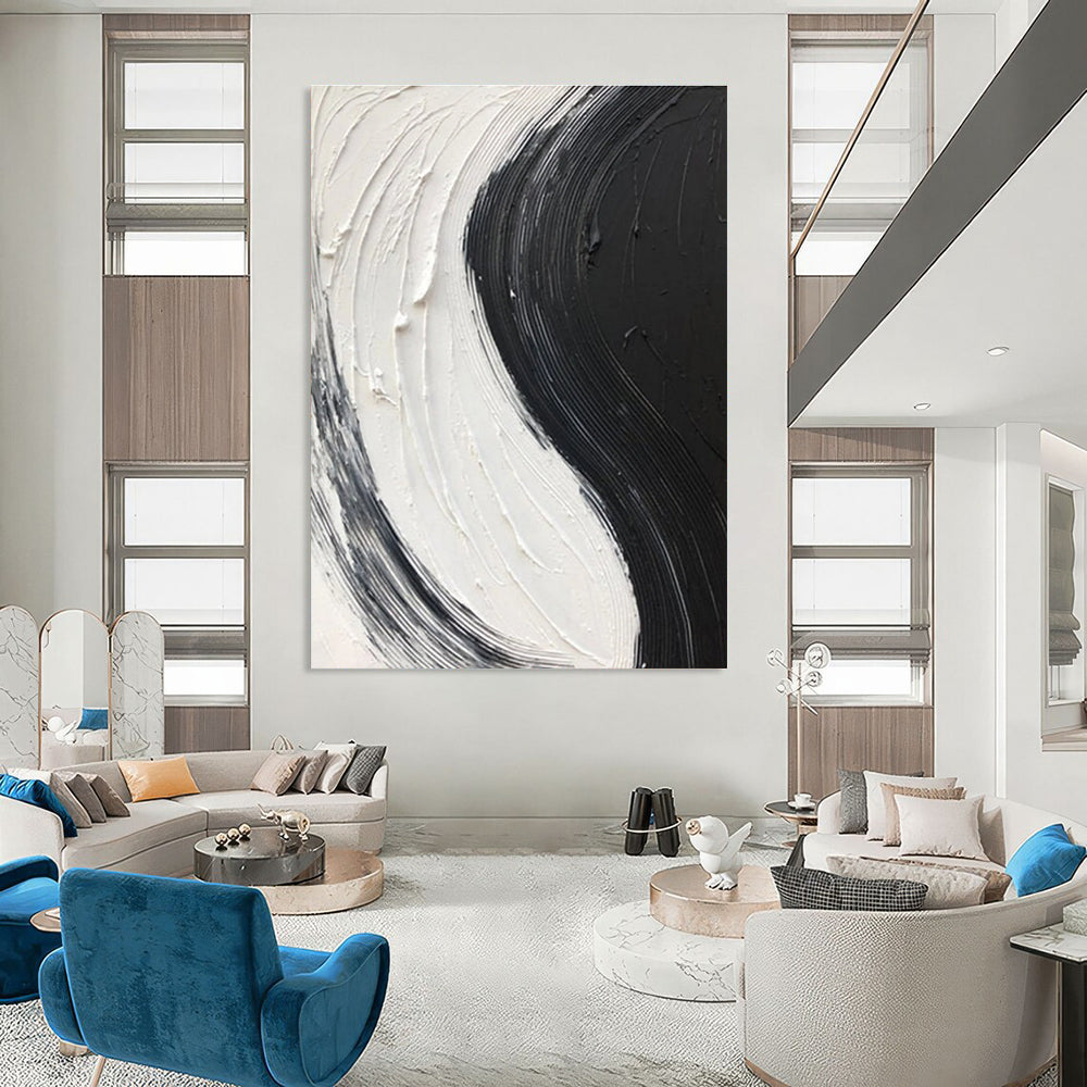 Black - White Textured Stripe Art Abstract Painting for Monochrome Dining Rooms HENG376