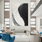 Black - White Textured Stripe Art Abstract Painting for Monochrome Dining Rooms HENG376