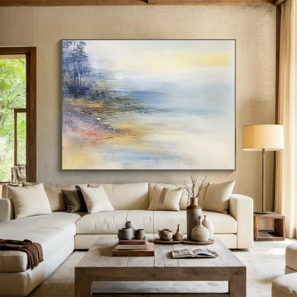 Misty Lakeside Abstract Painting with Soft Hues ABS269
