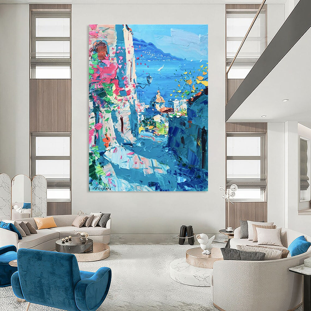 Coastal Town with Flowers Abstract Painting for Mediterranean - Style Cafes HENG530