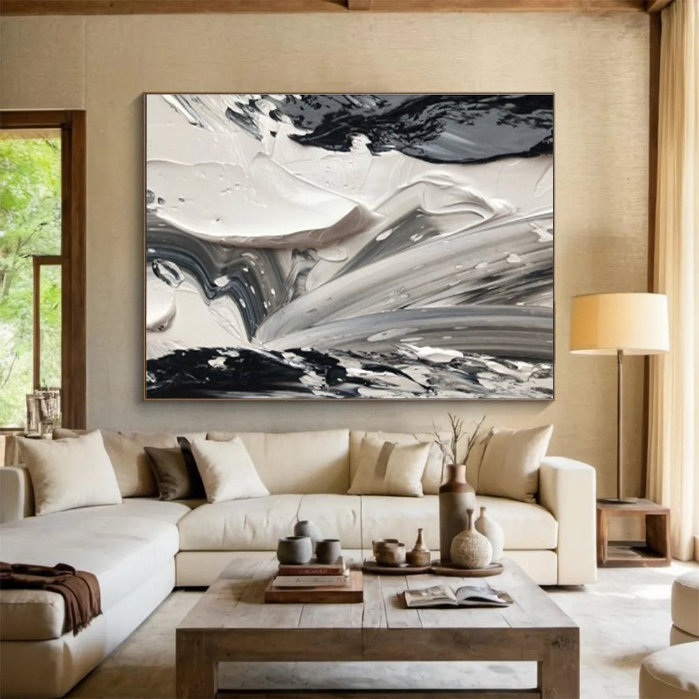 Black and White Abstract Textures Painting for Modern Monochrome Spaces YHT314