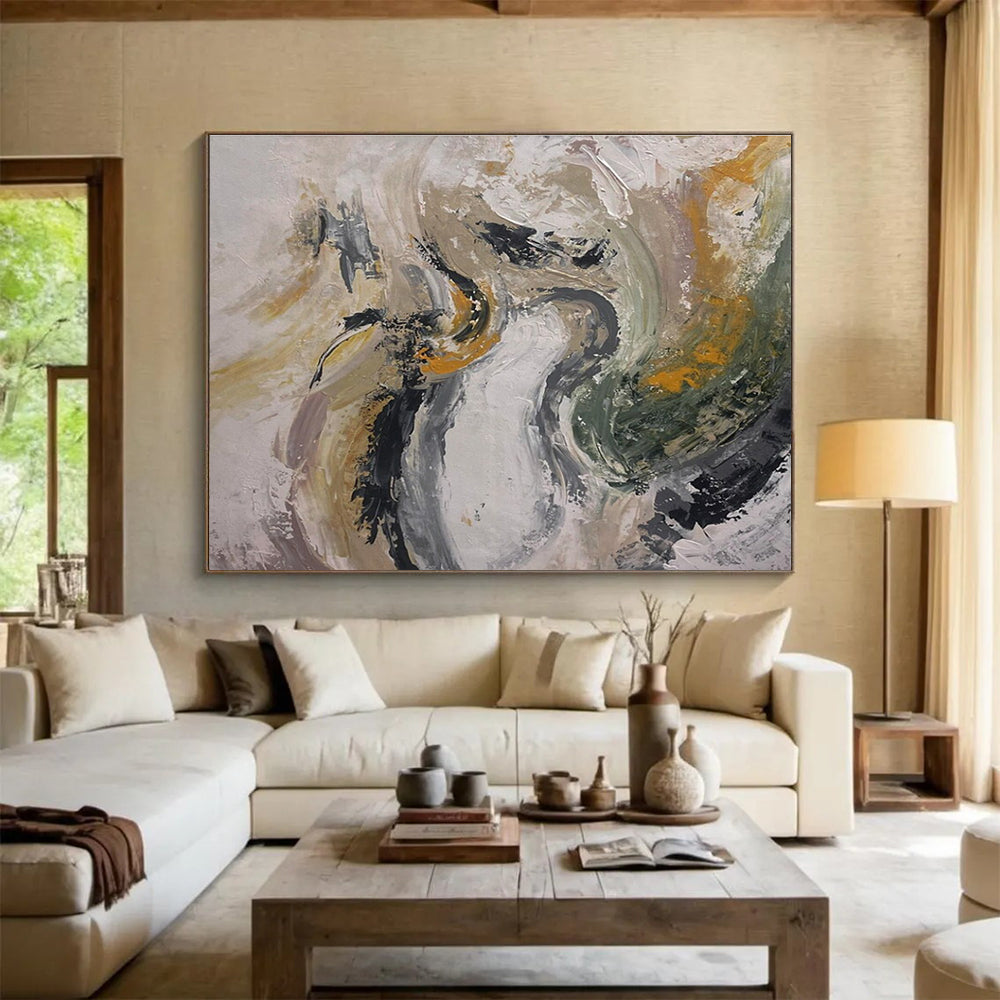 Gray - Gold - Green Abstract Painting for Modern Wellness Retreats YHT387