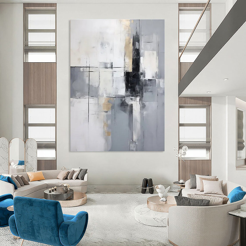 Gray - Gold - White Abstract Painting for Modern Corporate Receptions HENG138
