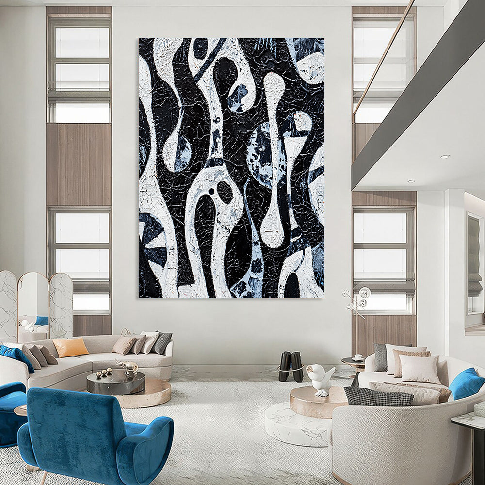 Black and White Flowing Forms Abstract Painting with Intricate Textures GAB0057