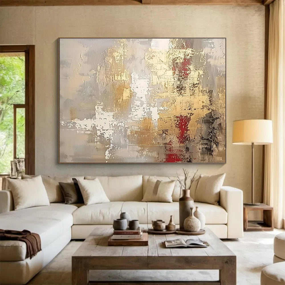 Gold - Red Abstract Textured Painting for Luxe Interiors YHT044