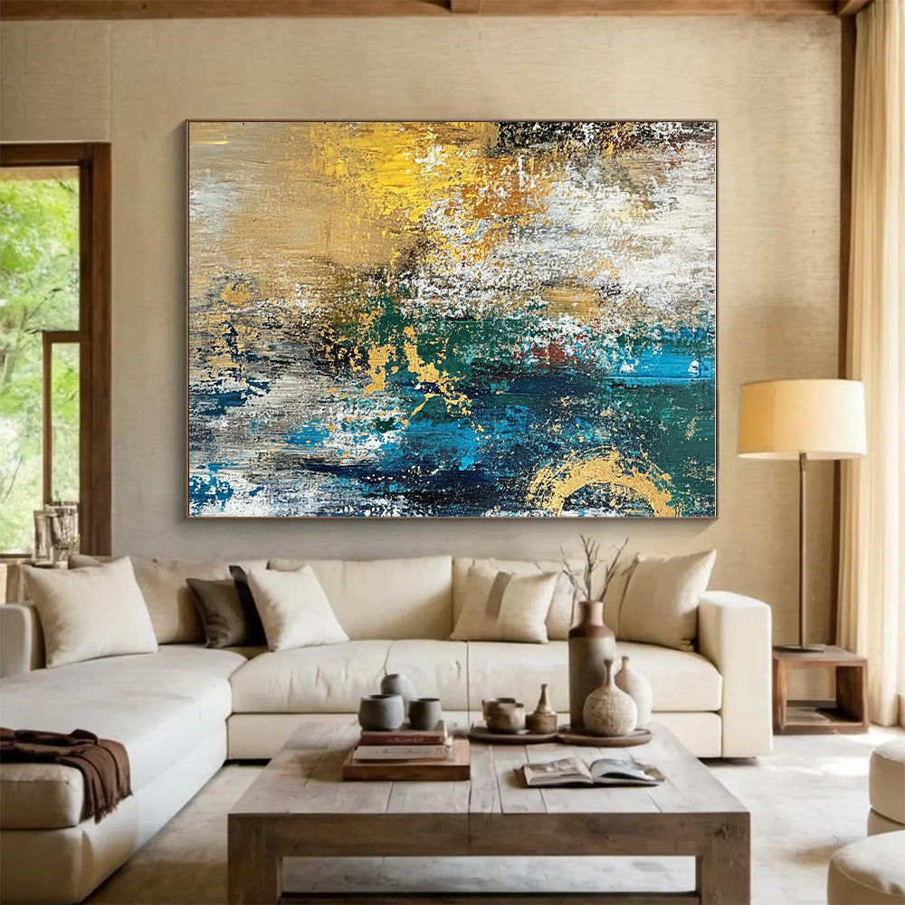 Blue Gold White Abstract Painting with Textured Elegance WINK686