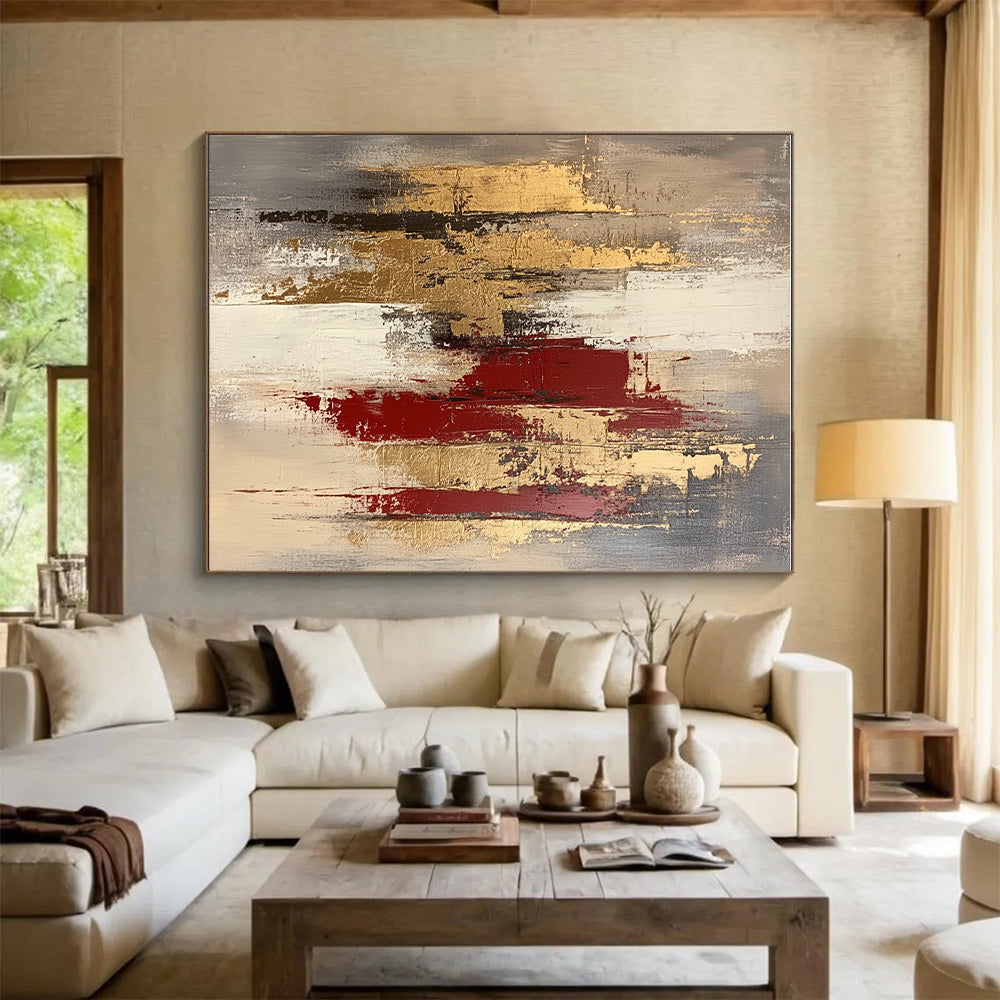 Gray Gold Red Abstract Painting with Rich Contrasts WINK663