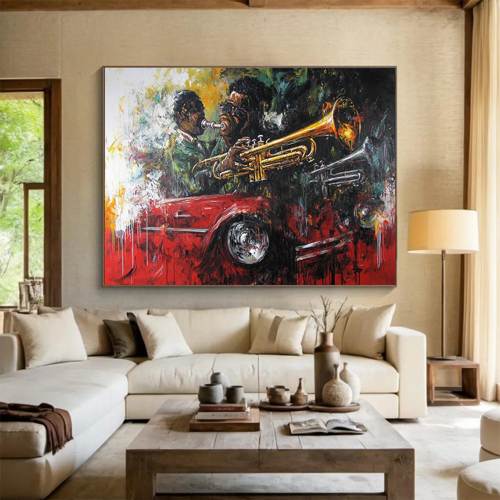 Jazz Musicians and Car Abstract Painting with Dynamic Colors ABS273