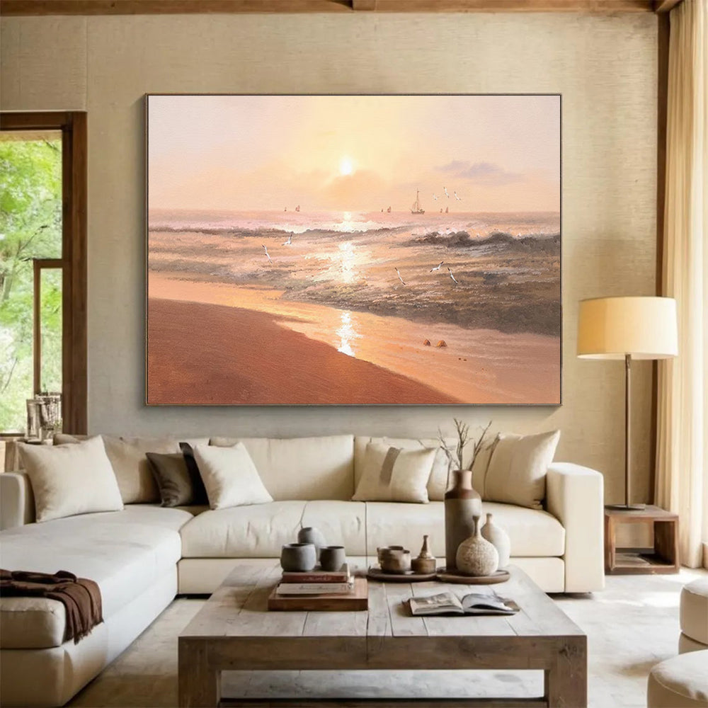 Beach Sunset with Birds Abstract Painting for Coastal Resort Lobbies YHT266
