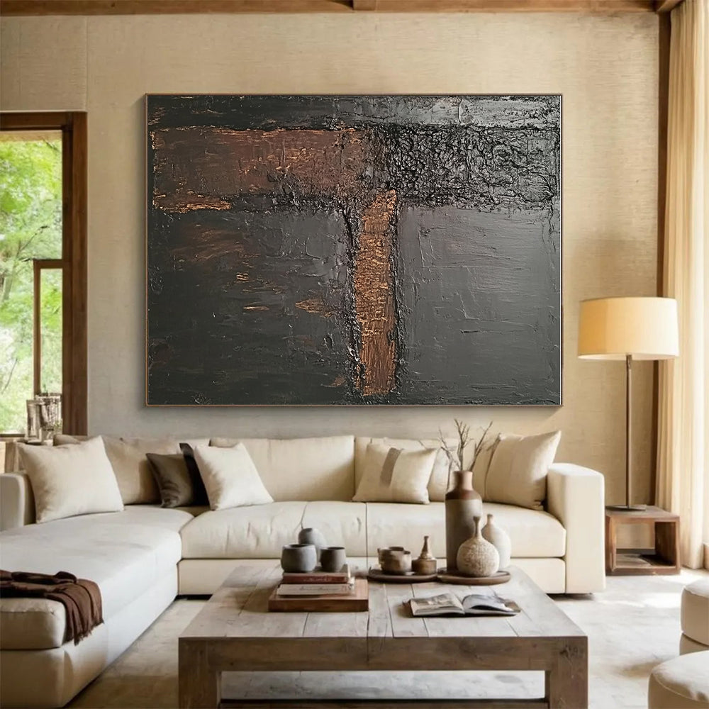 Dark Textured Geometry Abstract Painting with Industrial Elegance WINK088