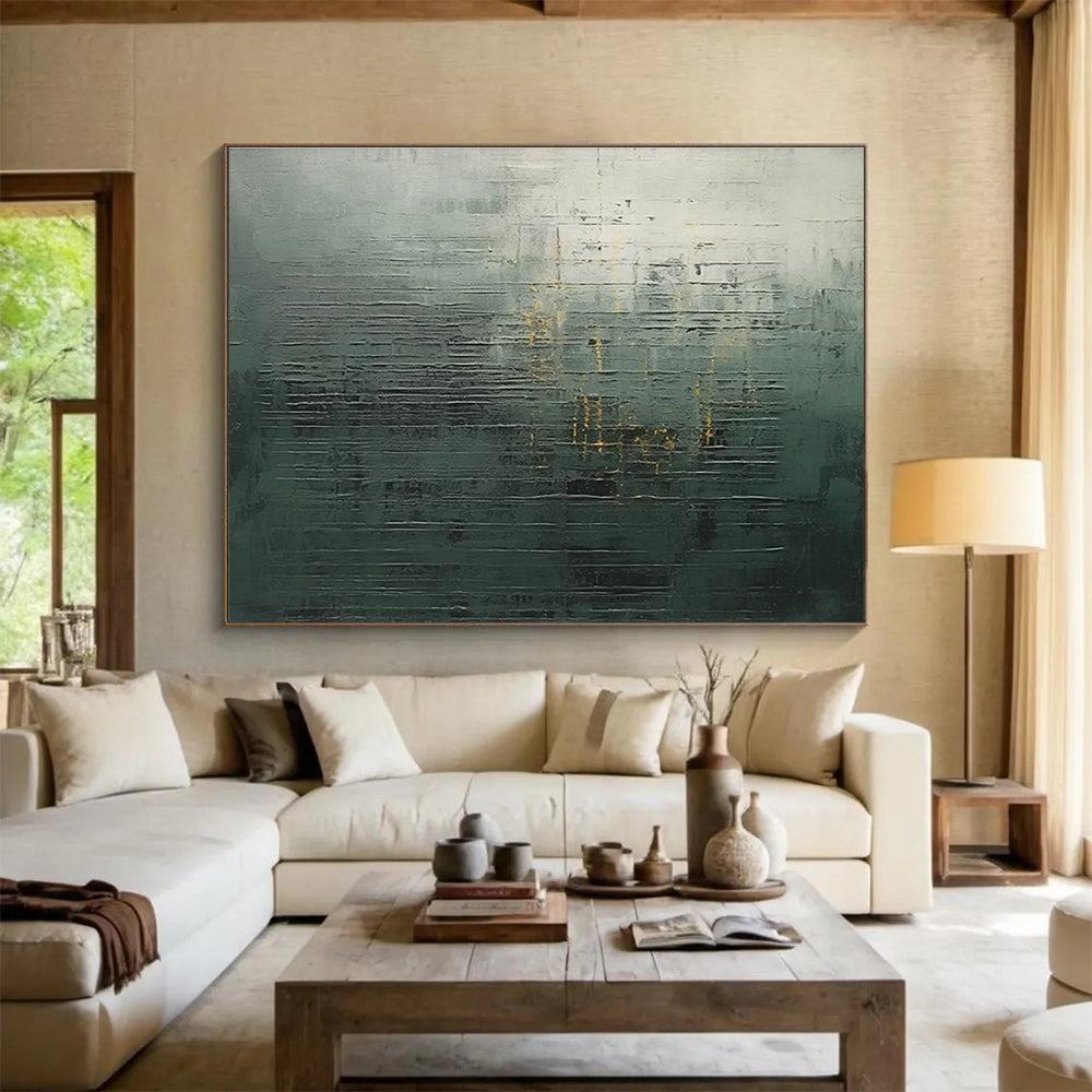 Dark Green and Gold Textured Abstract Painting for Sophisticated Dining Areas YHT323