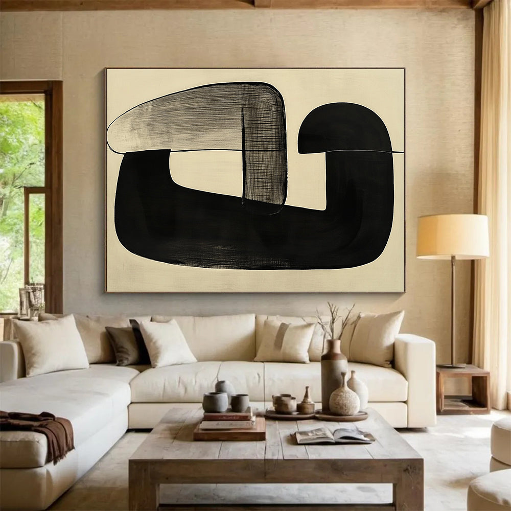 Curved Black Forms on Beige Abstract Painting with Subtle Flow WINK012