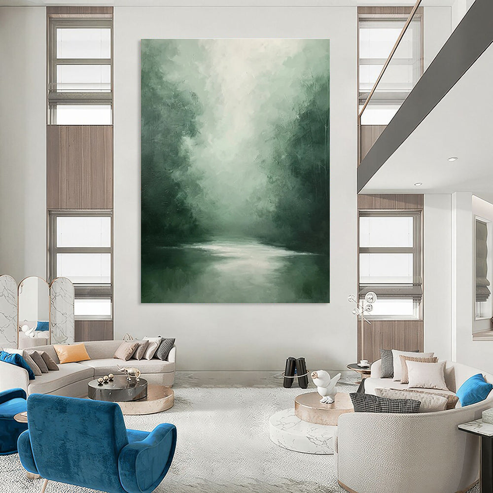 Misty Forest River Abstract Painting for Yoga Studio Relaxation Zones HENG024