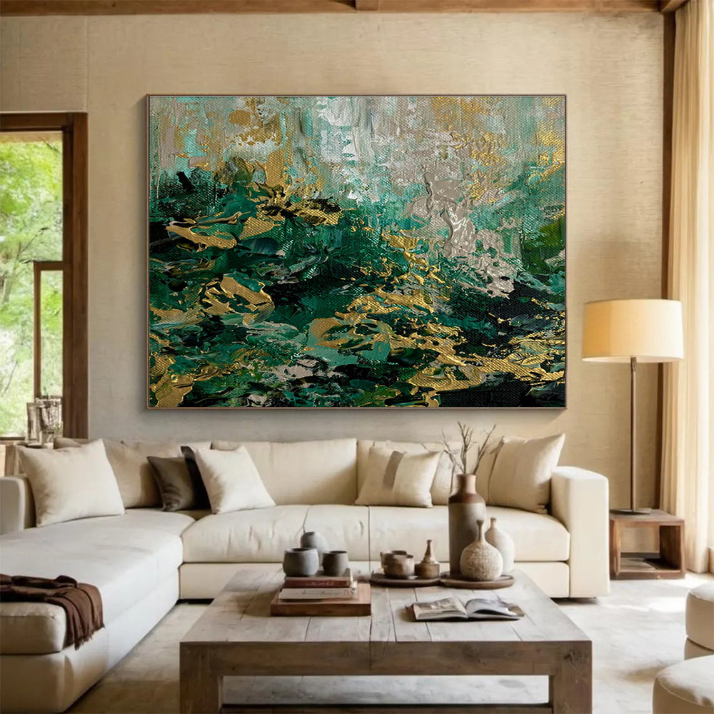 Green and Gold Abstract Textures Painting for Upscale Jewelry Stores YHT355