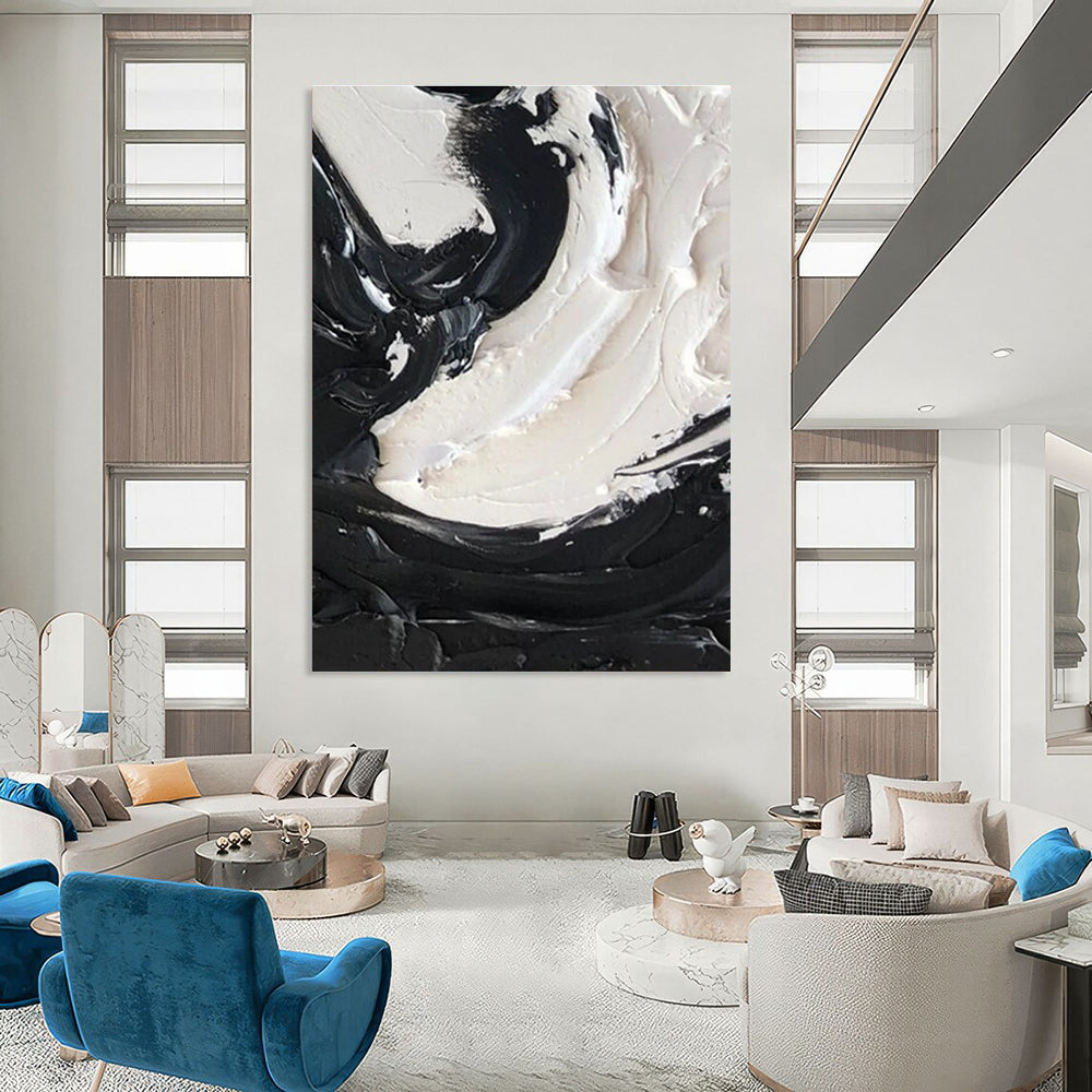 Black - White Swirl Textured Abstract Painting for Contemporary Bedrooms HENG385