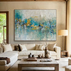 Teal and Gold Abstract Band Painting for Coastal - Themed Restaurants YHT342