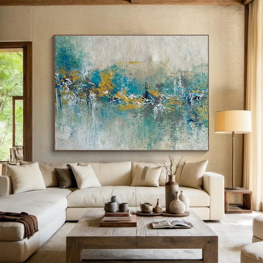 Teal and Gold Abstract Band Painting for Coastal - Themed Restaurants YHT342