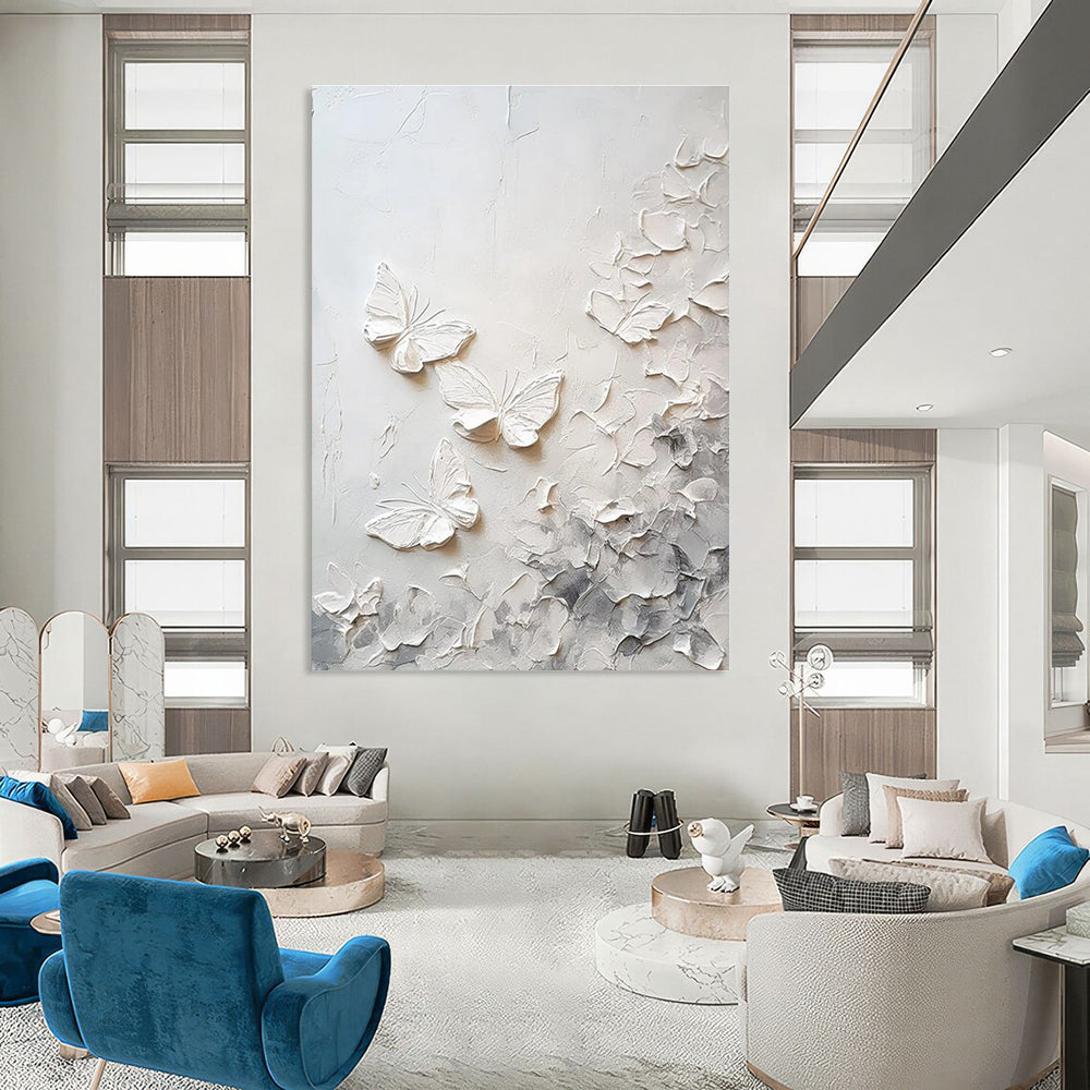 White Textured Butterflies Abstract Painting for Whimsical Nurseries HENG448