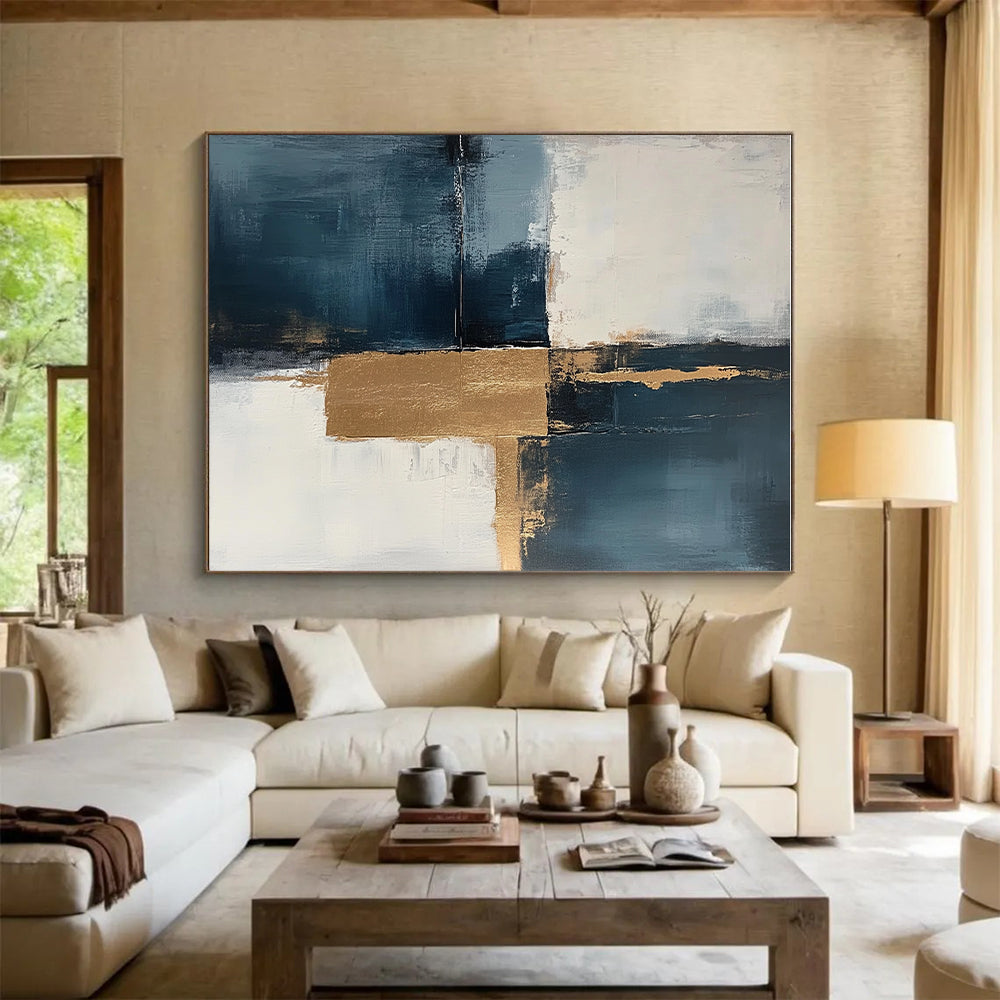 Blue - Gold Abstract Squares Painting with Modern Balance WINK377