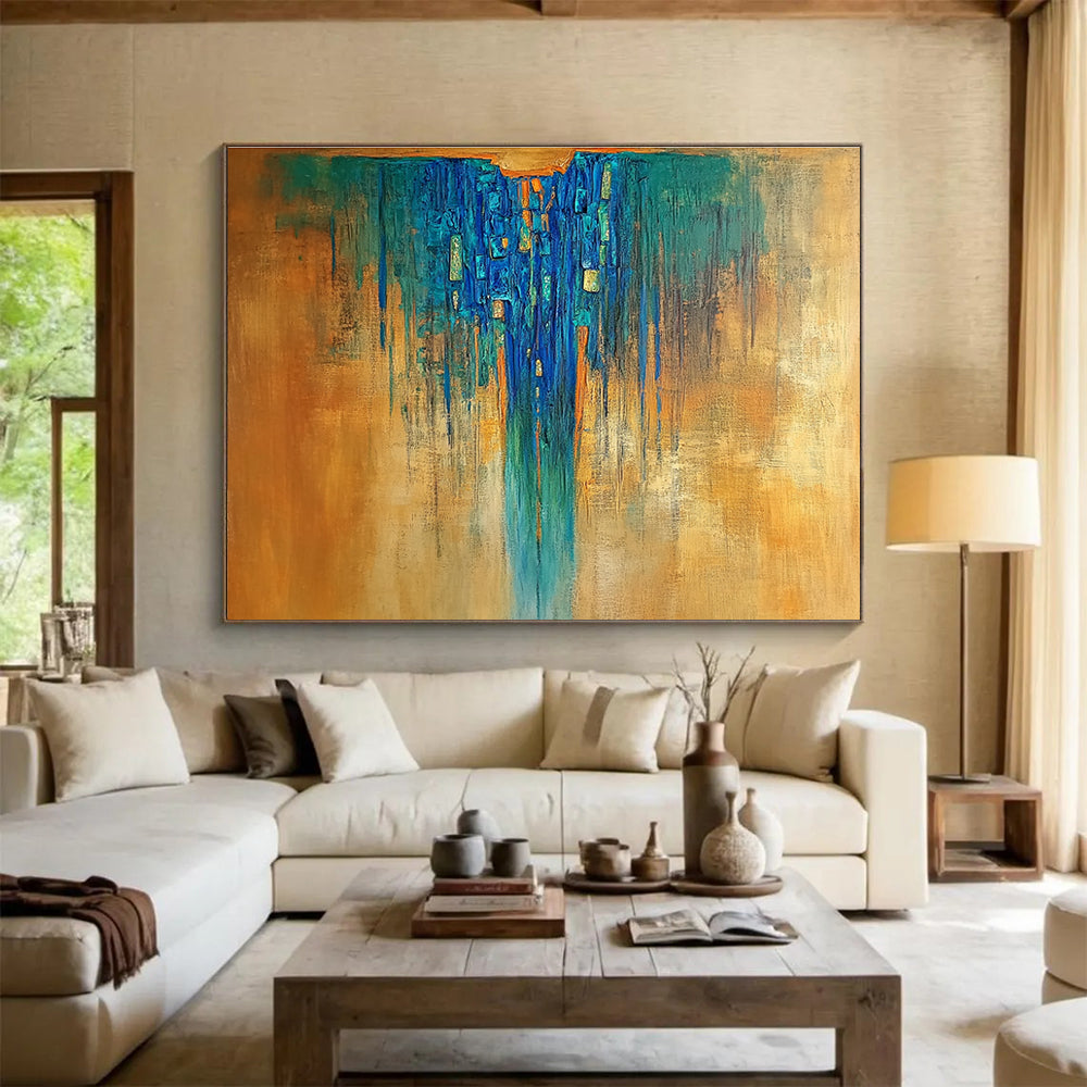 Blue - Orange Drip Abstract Painting with Rich, Textured Flow ABS498
